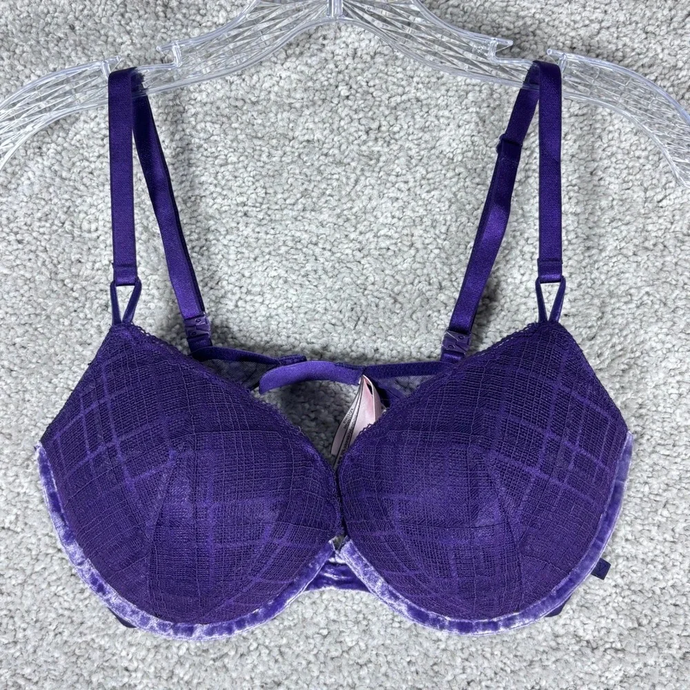 Victoria's Secret Push Up Bra Purple‎ Velvet Trim Plaid Mesh 36D